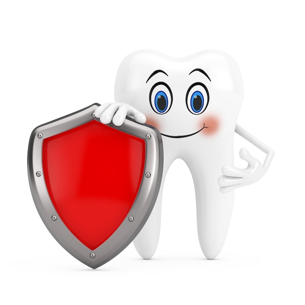 Mascotte de personnage de dent blanche avec bouclier de protection en métal rouge sur fond blanc rendu 3d