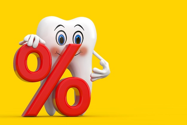 Mascotte de personnage de dent blanche avec pourcentage de vente au détail rouge ou signe de remise sur fond jaune rendu 3d