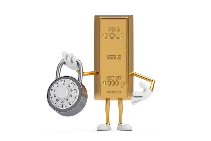 Photo mascotte de personnage de dessin animé de barre d'or avec cadenas à combinaison argentée sur fond blanc rendu 3d