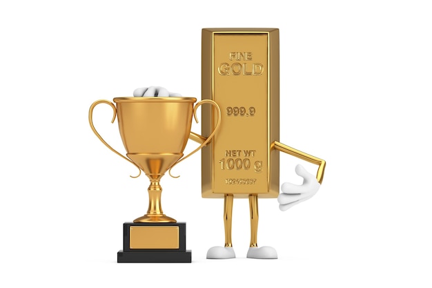 Mascotte de personnage de dessin animé de barre d'or avec trophée d'or sur fond blanc rendu 3d