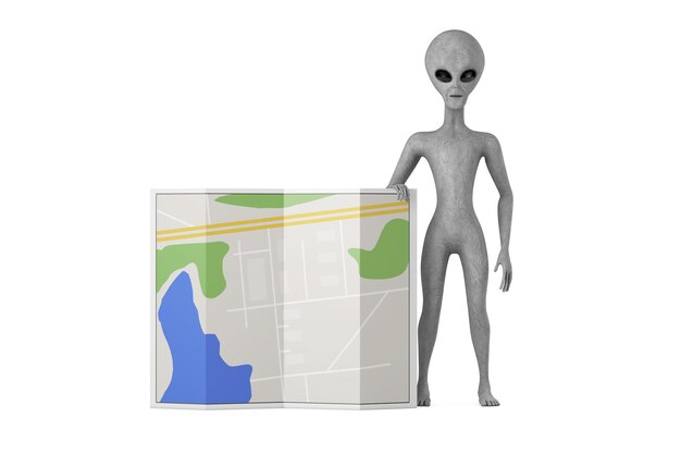 Mascotte de personnage de dessin animé extraterrestre humanoïde gris effrayant avec carte de plan de ville abstraite rendu 3d