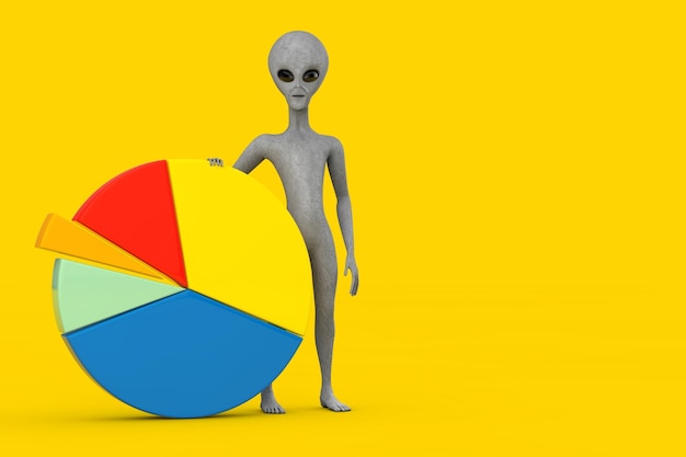 Mascotte de personnage de dessin animé extraterrestre humanoïde gris effrayant avec des graphiques d'informations Business Pie Chart rendu 3d