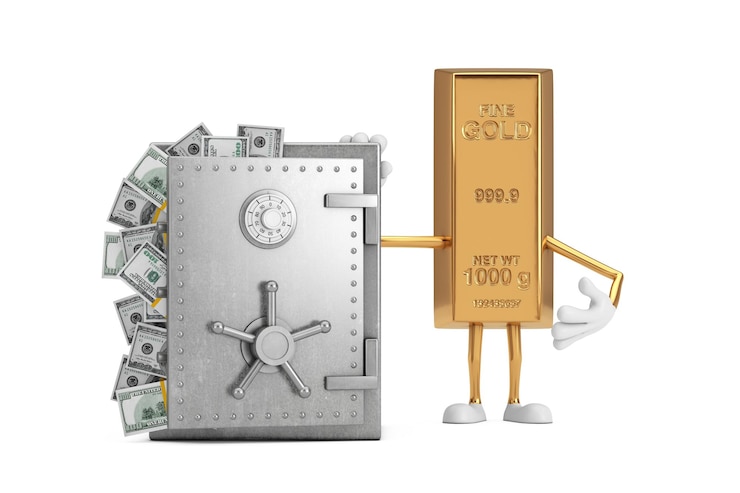 Photo mascotte de personnage de dessin animé golden bar avec coffre-fort ou coffre-fort plein de billets d'un dollar sur fond blanc rendu 3d