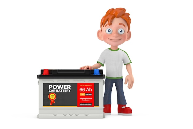 Mascotte de personnage de dessin animé Little Boy Teen Person et accumulateur de batterie de voiture rechargeable 12V avec étiquette abstraite rendu 3d