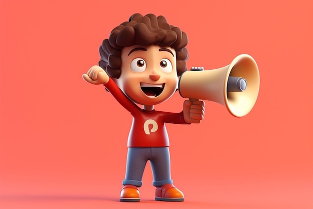 Mascotte de personnage de dessin animé Little Boy Teen Person avec Red Retro Megaphone 3d Rendering