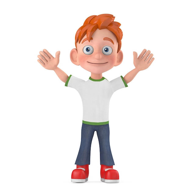 Mascotte de personnage de dessin animé Little Boy Teen Person with Hands Up 3d Rendering