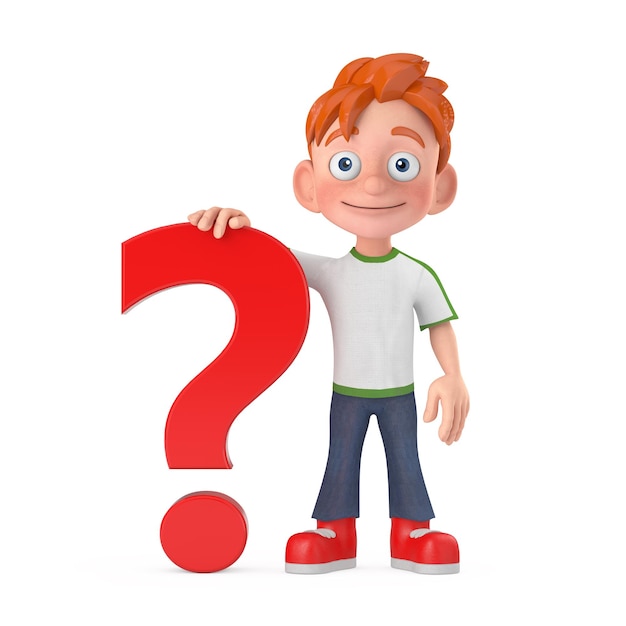 Mascotte de personnage de dessin animé petit garçon adolescent personne avec signe de point d'interrogation rouge rendu 3d
