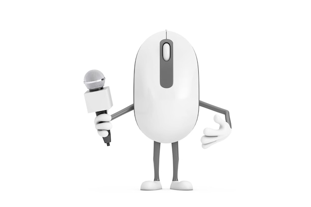 Mascotte de personnage de dessin animé de souris d'ordinateur avec microphone chromé moderne rendu 3d