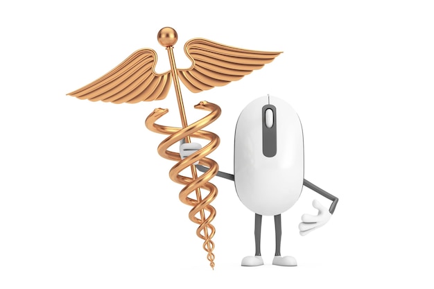 Mascotte de personnage de dessin animé de souris d'ordinateur avec symbole de caducée médical doré rendu 3d