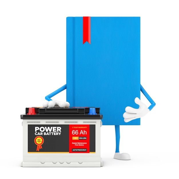 Mascotte de personnage de livre bleu et accumulateur de batterie de voiture rechargeable 12V avec étiquette abstraite sur fond blanc. Rendu 3D