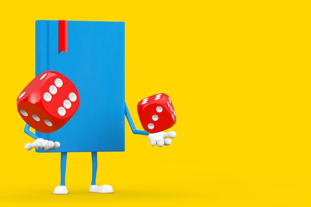 Mascotte De Personnage De Livre Bleu Avec Des Cubes De Dés De Jeu Rouges En Vol Sur Fond Jaune. Rendu 3d