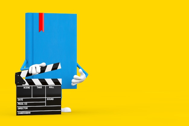 Mascotte de personnage de livre bleu avec Movie Clapper Board sur fond jaune. Rendu 3D