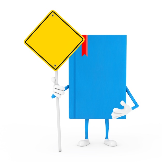 Mascotte de personnage de livre bleu et panneau de signalisation jaune avec espace libre pour votre conception sur fond blanc. Rendu 3D