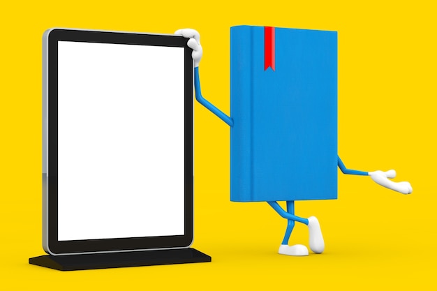 Mascotte de personnage de livre bleu avec un présentoir d'écran LCD pour salon commercial vierge comme modèle pour votre conception sur fond jaune. Rendu 3D