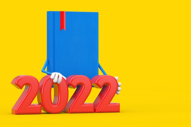 Mascotte de personnage de livre bleu avec signe du nouvel an 2022 sur fond jaune. Rendu 3D