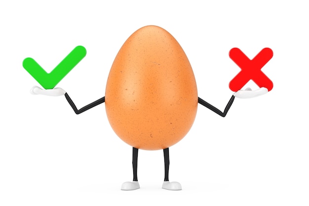 Mascotte de personnage d'oeuf de poulet brun avec croix rouge et coche verte, confirmer ou nier, oui ou non signe d'icône sur fond blanc. Rendu 3D
