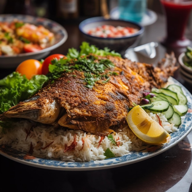 Masgouf irakien fumé et savoureux avec riz et salade