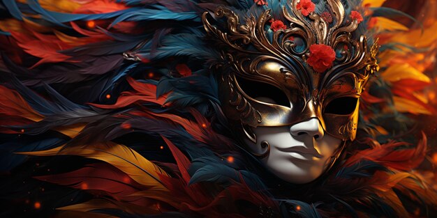 Masque Araffe avec des plumes et un visage d'or sur un fond sombre ai génératif