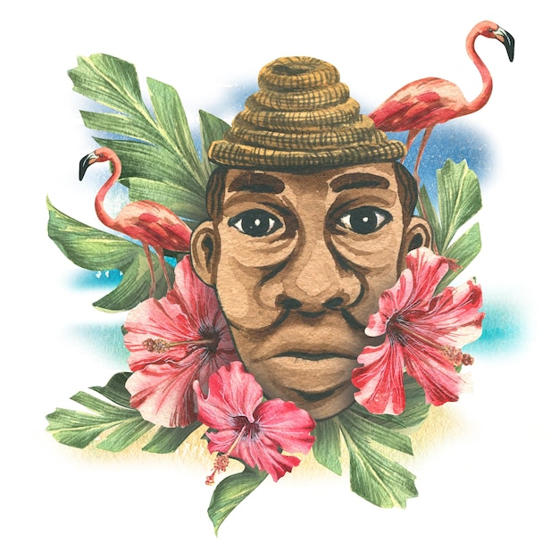 Masque d'argile en forme d'homme noir en feuilles de palmier et fleurs d'hibiscus flamants roses Illustration aquarelle Composition d'un grand ensemble de CUBA Pour la décoration et l'aménagement de plage touristique