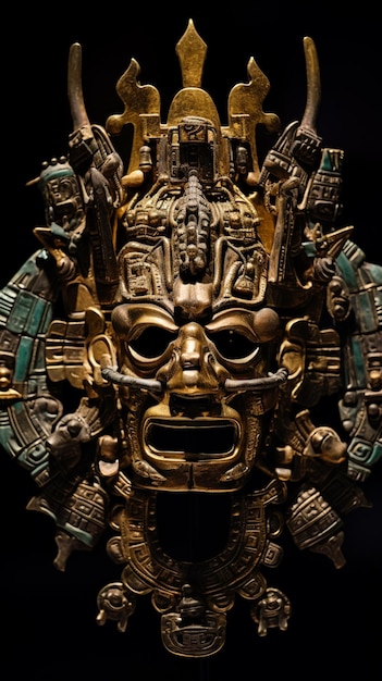 Masque azteque en or élaborée et deux pendants latéraux