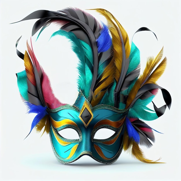 Un masque bleu et or avec des plumes et une plume noire et or.