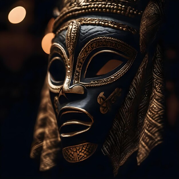 Masque de bois africain authentique et un peu sombre sur fond noir