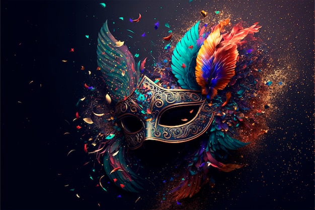 Masque de carnaval brésilien, arrière-plan, confettis, banderoles et paillettes