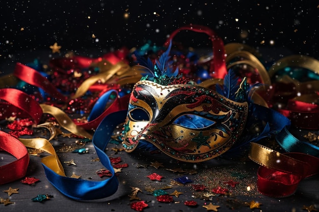 Masque de carnaval avec des confettis et des serpentines