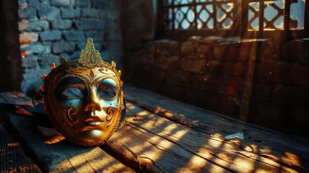 Un masque de carnaval est posé sur une vieille table en bois sur le fond d'un mur de briques.