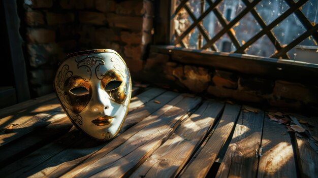 Un masque de carnaval est posé sur une vieille table en bois sur le fond d'un mur de briques.