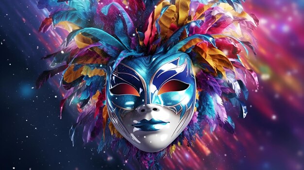 Masque de carnaval lumineux avec des plumes colorées Mardi Gras