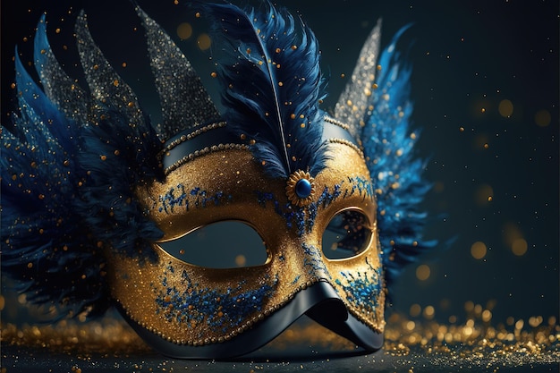 Masque de carnaval de luxe réaliste avec des plumes bleues Arrière-plan flou abstrait Poussière d'or et effets de lumière générés par Ai