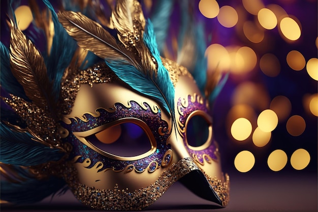 Masque de carnaval de luxe réaliste avec des plumes colorées Arrière-plan flou abstrait Poussière d'or et effets de lumière générés par Ai