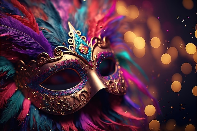 Photo masque de carnaval de luxe réaliste avec des plumes colorées arrière-plan flou abstrait poussière d'or et effets de lumière générés par ai