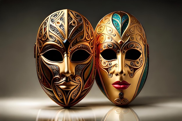 Un masque de carnaval de luxe réaliste avec des plumes colorées un fond flou abstrait de poussière d'or et