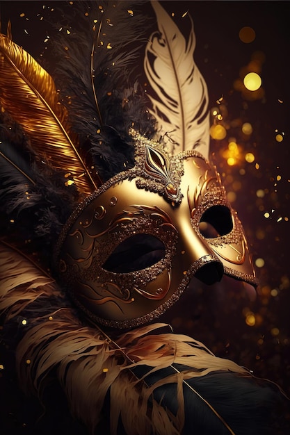 Masque de carnaval de luxe réaliste avec des plumes jaunes Arrière-plan flou abstrait Poussière d'or et effets de lumière générés par Ai