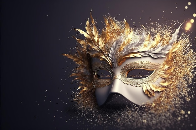 Masque de carnaval de luxe réaliste avec plumes, poussière d'or et effets de lumière générés par Ai