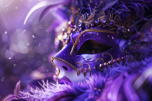 Un masque de carnaval luxueux dans des teintes violettes vives avec des ornements en or or et des plumes