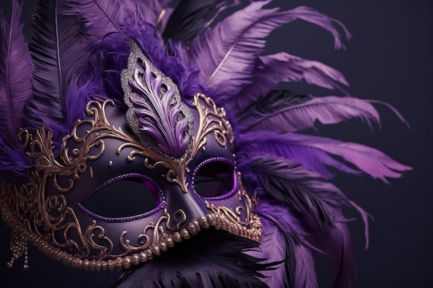 Masque de carnaval avec perles et plumes sur fond violet.