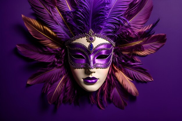 un masque de carnaval avec des plumes sur un fond violet