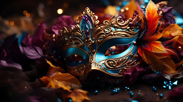 Photo masque de carnaval pour une mascarade avec des plumes colorées mardi gras