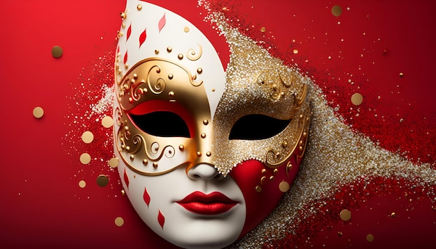 masque de carnaval rouge et blanc avec des paillettes sur fond rouge.