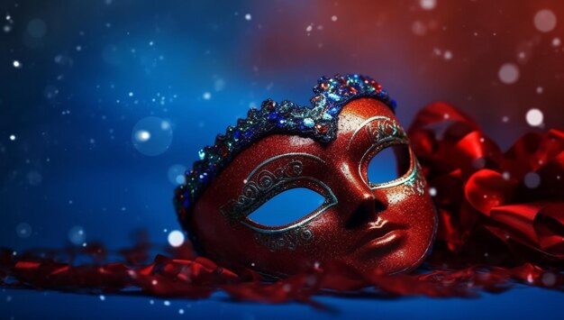 Masque de carnaval rouge et bleu allongé sur un fond bleu