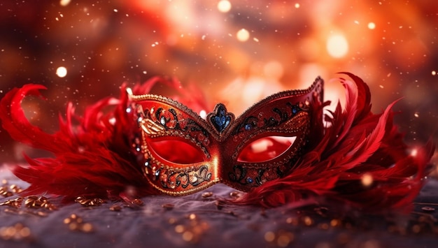 Un masque de carnaval rouge avec un fond à plumes dorées et bleues