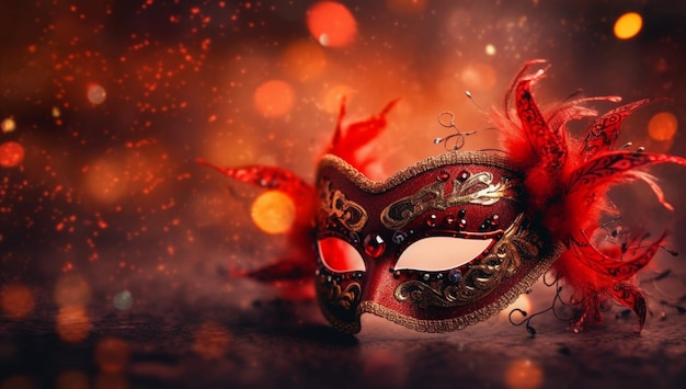 Un masque de carnaval rouge et noir avec un arc rouge et le mot mascarade dessus.