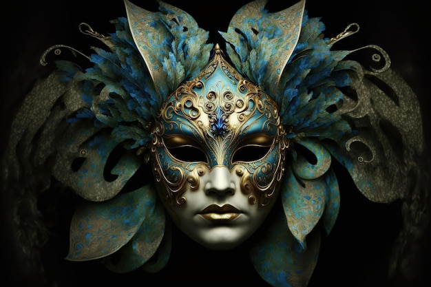 Masque de carnaval vénitien Plumes colorées de couleur or Bonne fête du festival de carnaval Masque facial de femme sur fond sombre illustration 3d