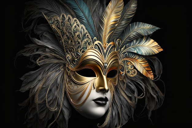 Masque de carnaval vénitien plumes colorées d'or belle IA générative réaliste AIG15