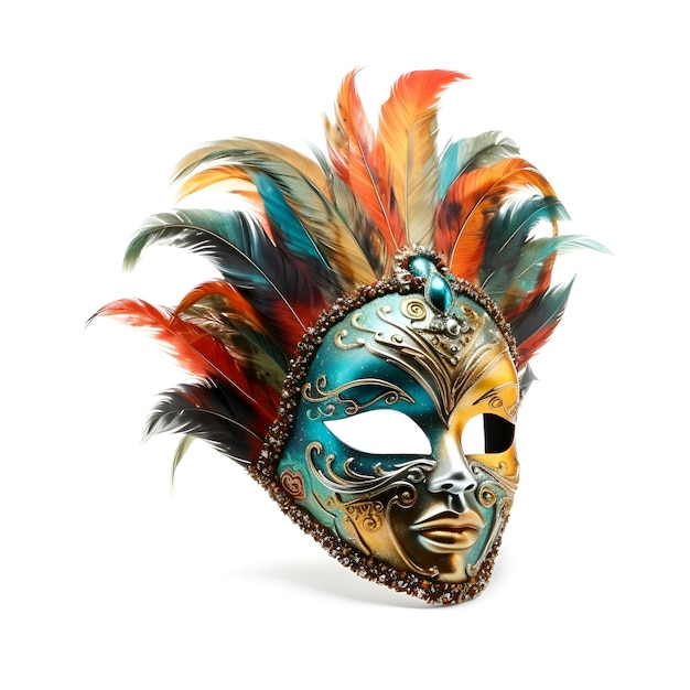 Masque de carnaval vénitien avec des plumes isolé sur fond blanc