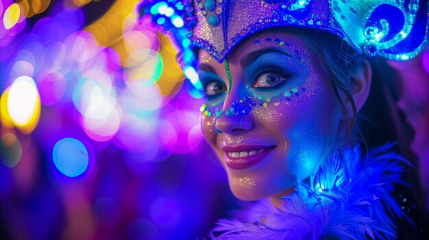 Masque de carnaval vibrant et maquillage pailleté sur une femme souriante