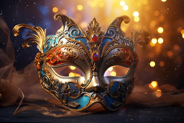 Masque de carnaval vibrant orné de bokeh, éclairé par des lumières créées à l'aide de l'IA générative
